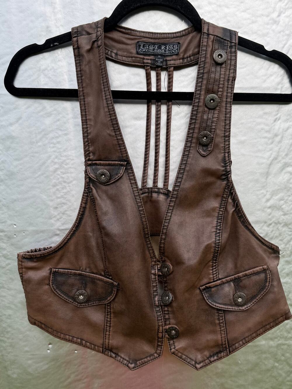 Last Kiss XL Brown Distressed Faux Leather Open Back Vest